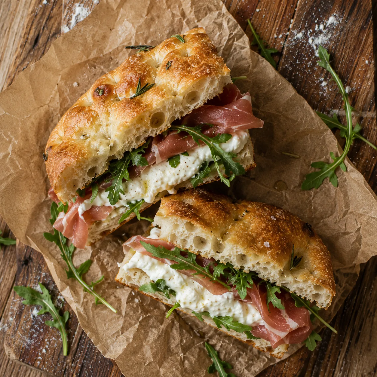 Kanapka z prosciutto, burratą i rukolą podana na papierze do pieczenia