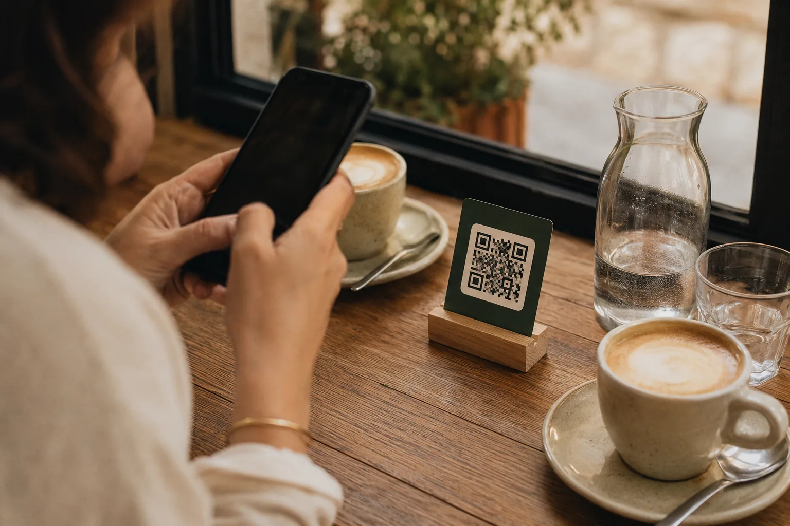 Zbliżenie na telefon skanujący kod QR na stoliku restauracji