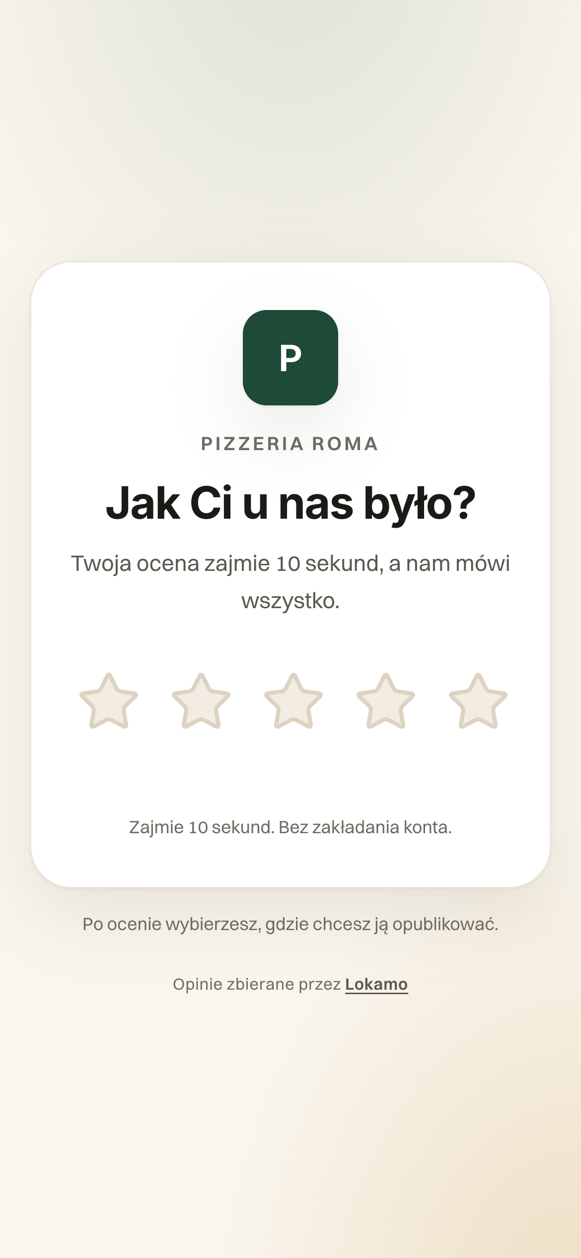 Ekran oceny na telefonie gościa: nazwa lokalu, pytanie „Jak Ci u nas było?” i pięć gwiazdek do wyboru